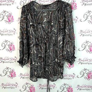 Plum blouse Paisley Print ruffle smocked tie up shiny shimmer long sleeve  Top